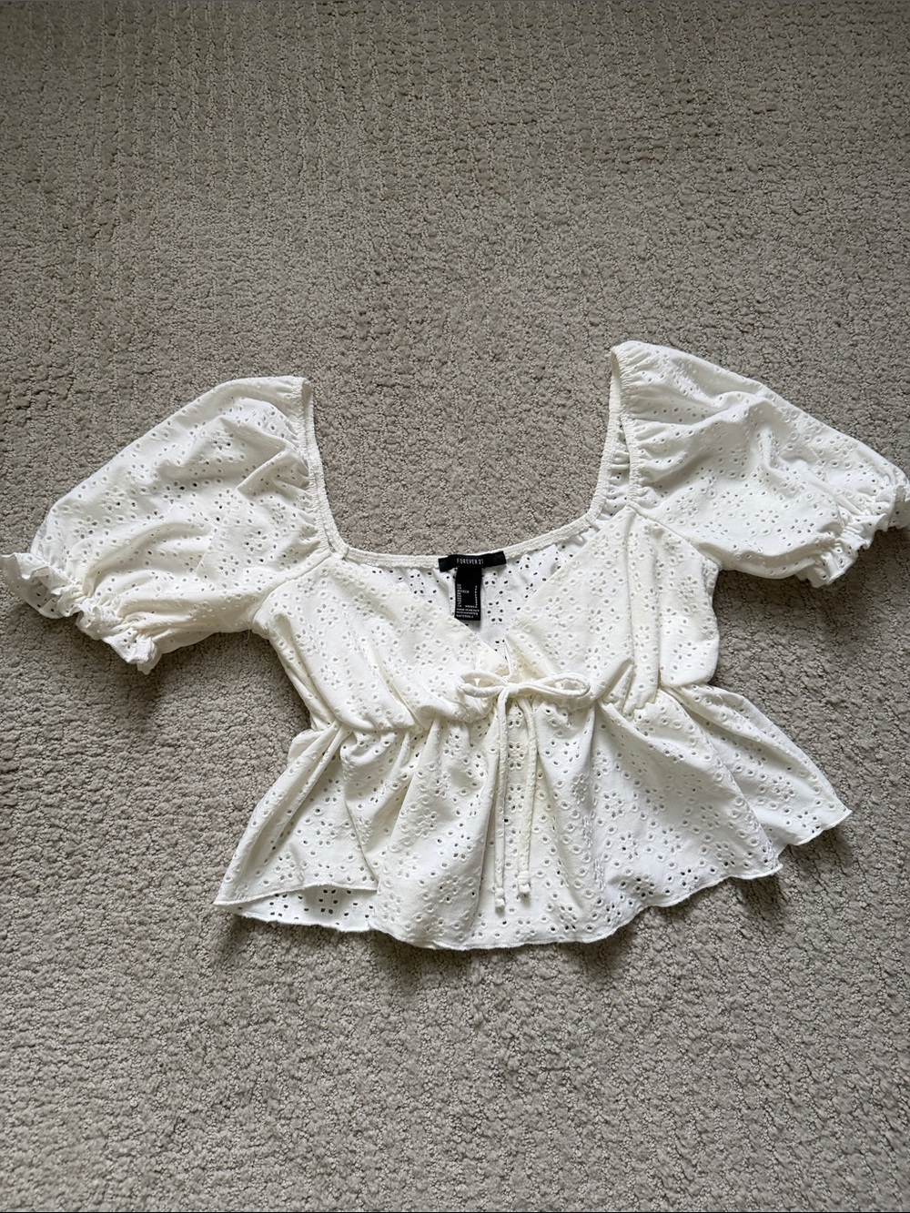 Forever 21 White Eyelet Puff-Sleeve Tie-Front Crop Top